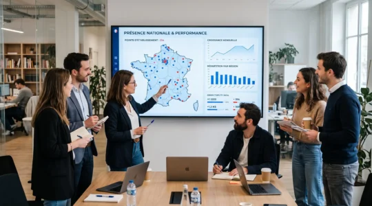 Équipe marketing pilotant un réseau de fiches Google Business Profile sur plusieurs établissements